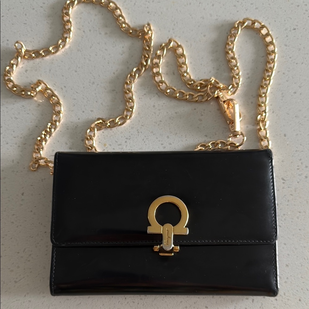 Salvatore Ferragamo Black and Gold Gancini Clutch